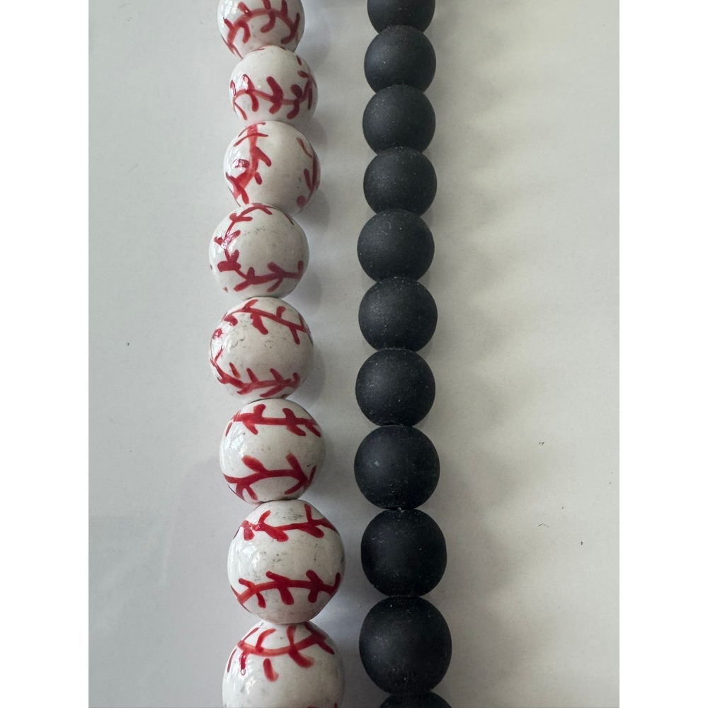 Bead Landing Glass Beads 7in Baseball White Red‎ and Matte Black 2 Strands